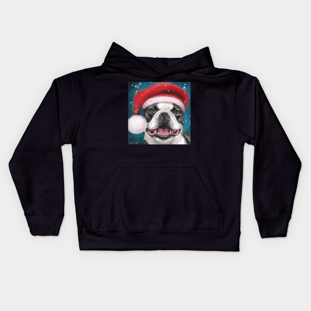 Painting of a Happy Boston Terrier Wearing a Santa Hat and Smiling on a Snowy Night Background Kids Hoodie by ibadishi